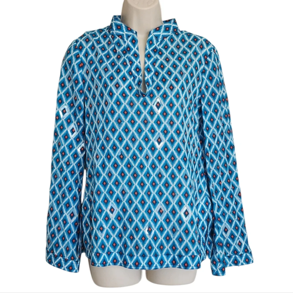 Tory Burch Blue Ikat Geometric Diamond Tunic Top-Mirrored Accents Size 4